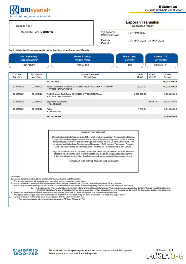 Relevé bancaire indonésien BRIsyariah template